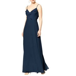 Levkoff SARIYAH Navy Blue Dress Lattice Back Chiffon Bridesmaid Gown Size 8